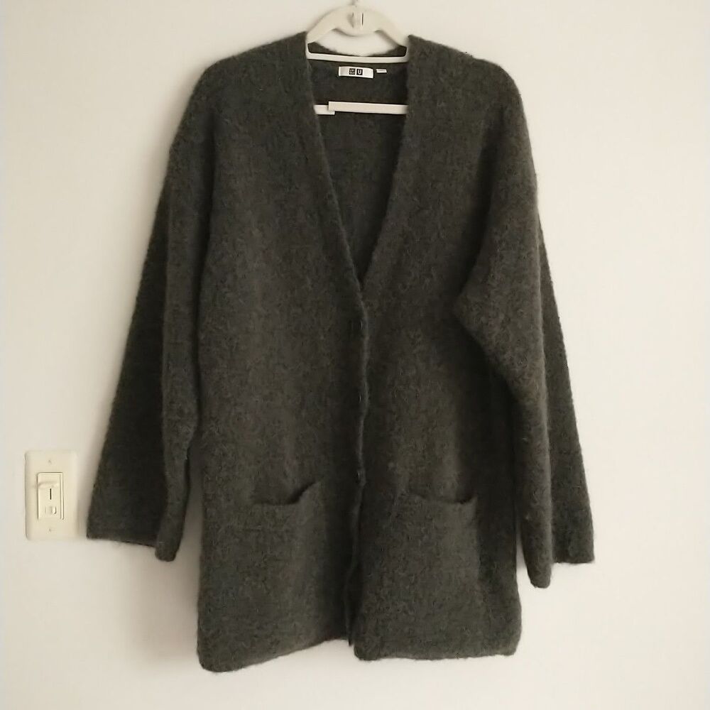 Uniqlo Long Line Cardigan Coat Womens S Green Wool Alpaca Blend Chore Oversized